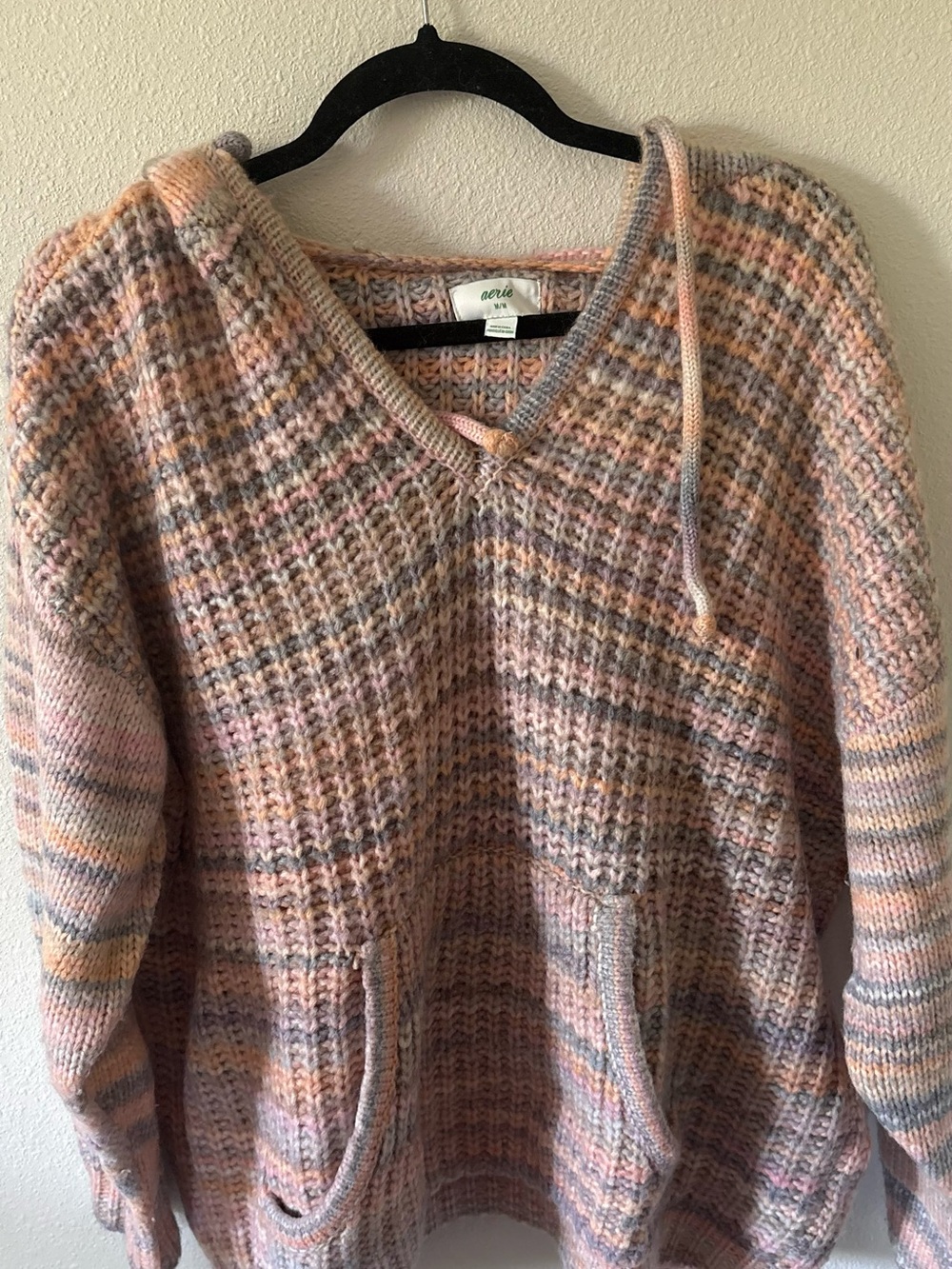 AERIE Pastel Peach Multicolor V-Neck Knit hooded Sweater